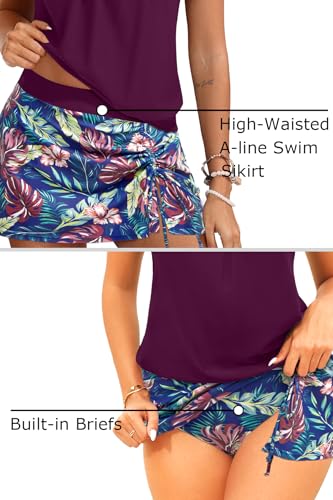 Yonique Blouson Tankini Swimsuit with Skirt - Medium Purple Leaves