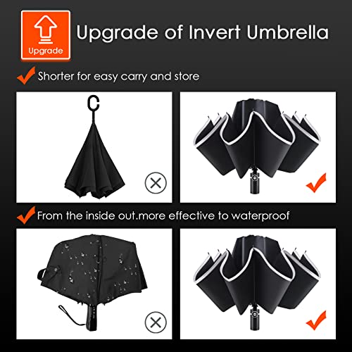 Large Windproof Inverted Umbrella with Reflective Stripe - Travel Folding Rain Sun Cover for Women Men - 46 Inch Black