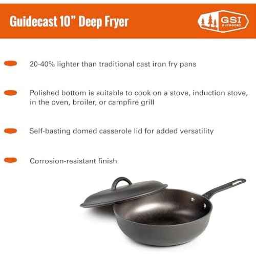 GSI Outdoors Guidecast 10¡± Deep Frypan I Dual Handle & Self-Basting Dome Lid | Cast Iron, Lightweight, Gourmet Frying Pan, Camp Cookware