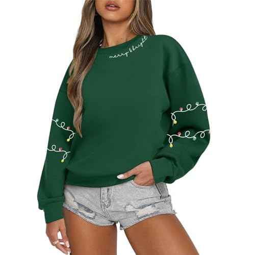 Christmas Sweatshirt for Women Christmas Light Sweatshirts Merry And Bright Xmas Long Sleeve Shirts Crewneck Pullover Tops