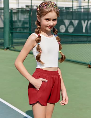 Girls Athletic Shorts with Zipper Pockets for Kids - Red, 9-10 Years