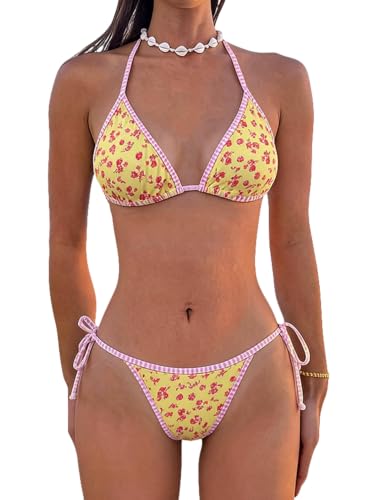 Women's Triangle Bikini Set Small Yellow Floral Swimsuit