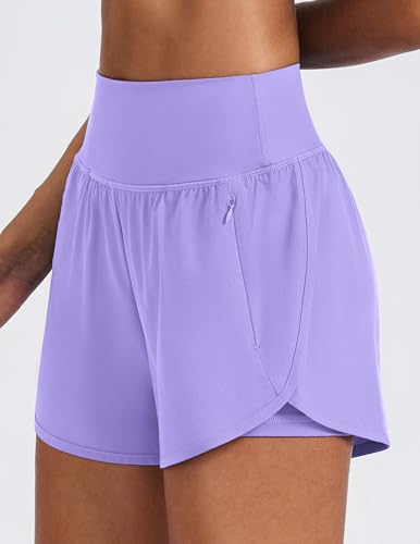 PINSPARK Women's 2 in 1 High Waisted Athletic Running Shorts - Small Lilac with 2 Zip Pockets