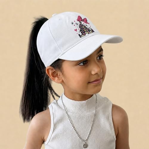 Kids Girls Baseball Cap with Ponytail Hole and Graphic Design - Adjustable Trucker Hat