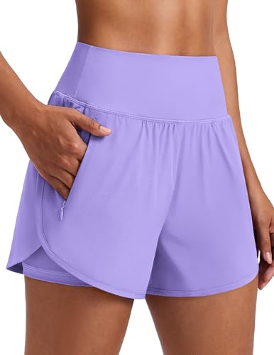 PINSPARK Women's 2 in 1 High Waisted Athletic Running Shorts - Small Lilac with 2 Zip Pockets