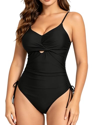 Black Plus Size One-Piece Swimsuit with Cut Out Tummy Control and Cross V-Neck - XX-Large