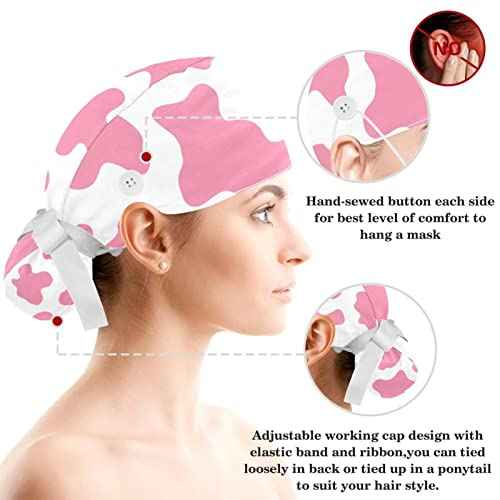 Work Caps Bouffant Surgical Cap with Hair Tie Cow Skin Print Pink Ponytail Holder Tie Back Scrub Hat