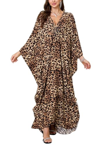 Plus Size Kaftan Dress Women Brown Leopard African Print Batwing Cover Up for Party & Loungewear