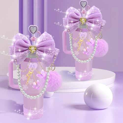 LBU Bling Stanley Cup Accessories for 40/30/20 oz Tumbler with Handle Including Glitter Bow Straw Topper, Heart Straw Cover, Pearl Water Bottle Handle Strap, Boot, Pom-Pom, Keychain Charms(Purple)