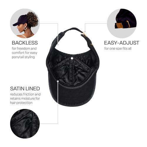 Backless Satin Lined Cap for Curls & Protective Styles - Solid Black Denim