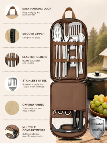 15-Piece Camping Utensil Set with Organizer Stainless Steel Cookware Kit