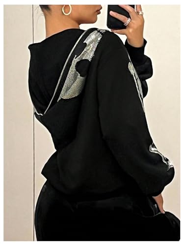 Large Black Skeleton Graphic Hoodie for Women Y2K Gothic Zip Up Sweatshirt