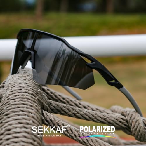 SEKKAF Polarized Sports Sunglasses for Men Women Black UV Protection Lightweight Running Cycling