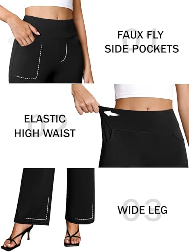 Women's Wide Leg Yoga Pants with Pockets - Large Black Workout Sweatpants