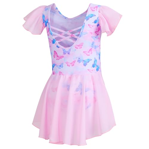 DIPUG Girls Ballet Leotard with Butterfly Design - Pink, Yarn Sleeve, 6-8 Years