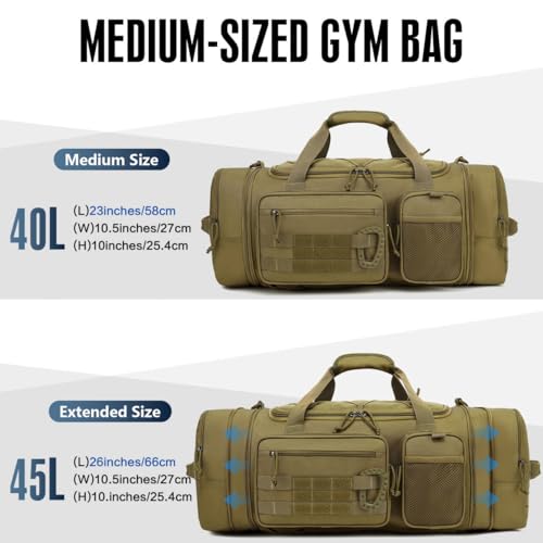 Brown 3-in-1 Tactical Gym Bag Backpack 40-45L Expandable Travel Duffle with Shoe & Wet Pockets