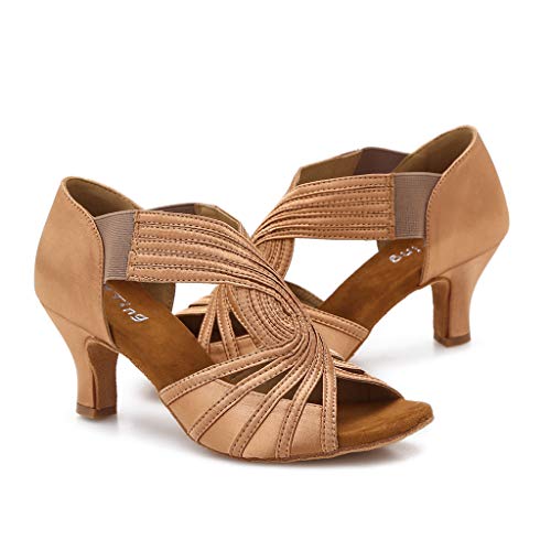 YYTing Ballroom Dance Shoes Women Latin Salsa Practice Dancer 2.5'' Heels - Tan 7