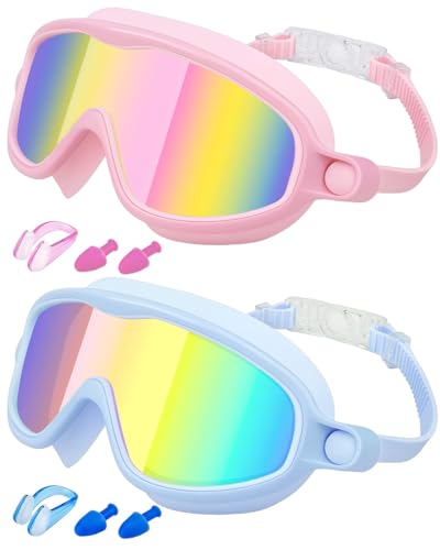 Kids Swimming Goggles 2 Pack - Pink & Light Blue, Anti-Fog UV, No Leak, Wide View for Boys & Girls 3-14