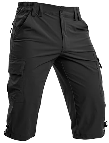 Moosehill Men's Cargo Long Shorts - 3/4 Length Quick-Dry Hiking Pants - Black 40