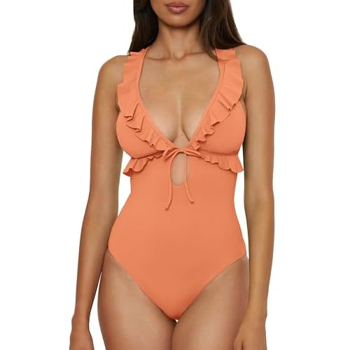 Lucky Brand Women's Sea of Love Ruffle One Piece Swimsuit, Plunge Neck, Bathing Suits
