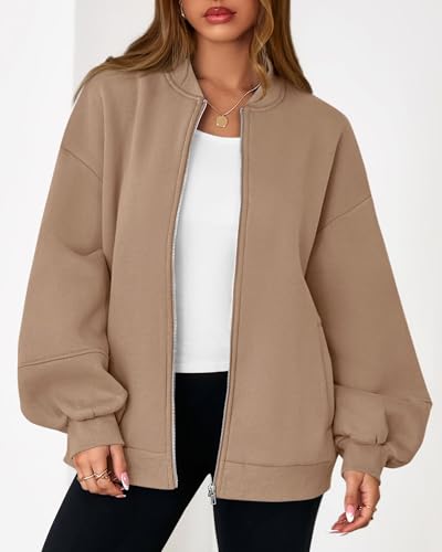 KIRUNDO Oversized Zip Up Bomber Jacket for Women Khaki Small