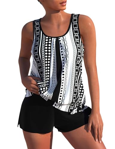 X-Large Black Printed Rosewe Modest Tankini Swimsuit 2-Piece Athletic Bathing Suit
