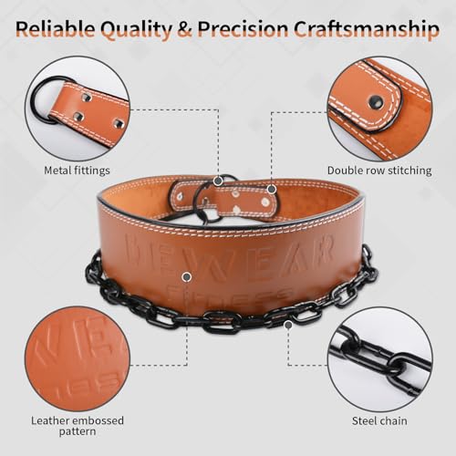 Heavy-Duty Leather Weight Lifting Dip Belt with Steel Chain - Brown