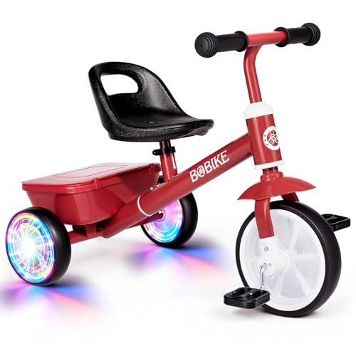 Toddler Tricycle with Glowing LED Wheels & Adjustable Seat - Red