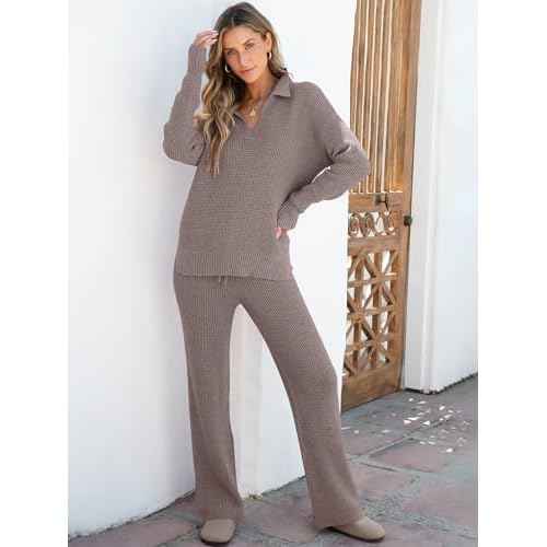 ANRABESS Women Two Piece Outfits Sweater Sets Lounge Waffle Knit Pullover Matching Wide Leg Pants Tracksuit 2025 Fall Fashion