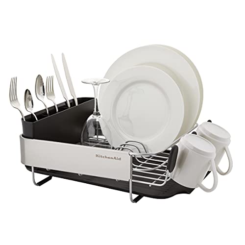 KitchenAid Compact, Space Saving Rust Resistant Dish Rack with Removable Flatware Caddy and Angled Self Draining Drainboard, 16.06-Inch, Black