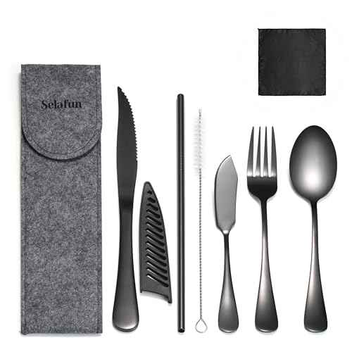 Travel Utensils with Case, Portable Travel Silverware Set Stainless Steel Lunch Box Cutlery Set for Work, Camping, Picnic, Hiking, Office (Black)