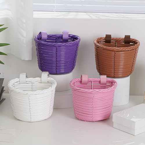 Kids Bike Basket Front, Little Girls Bicycle Small Baskets for Women Brown Mini Cute Round Wicker Woven Lass Basket for Boys