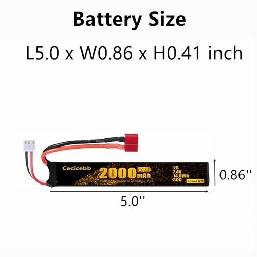 Cecicebb Airsoft Battery 7.4V 2000mAh 30C with T Plug for Airsoft Model Guns Rechargeable 2S Lipo Battery 2 Pack with 7.4V USB Charger Cable