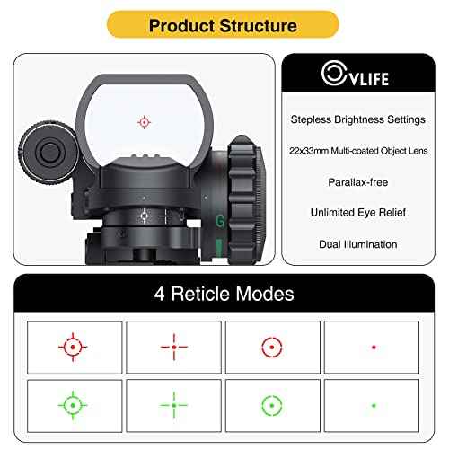 CVLIFE 1x22x33 Reflex Sight Red and Green 4 Reticle Dot Sight with 2mW Red Sight Laser