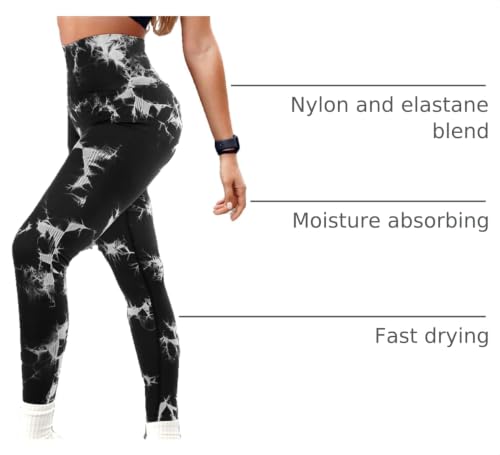 High Waist Tie Dye Yoga Leggings for Women - Large Gray Black Army Green Sapphire 4 Pack