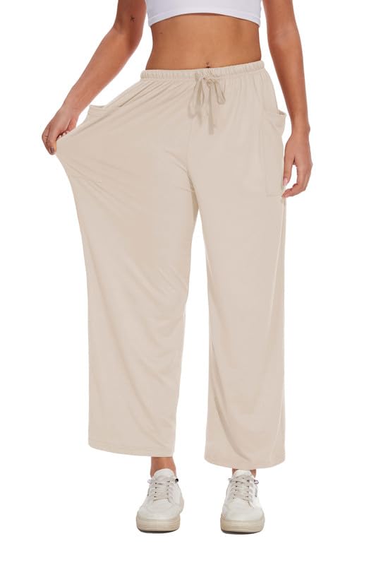 Large Women's Wide Leg Lounge Pants - Beige Comfy Harem Pajama Sweatpants with Pockets
