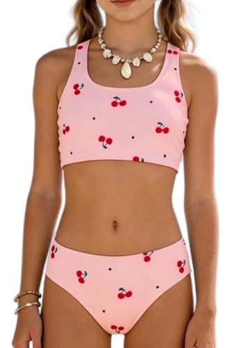 Girls Cherry Print Bikini Set 11 Years Pink Summer Swimsuit Two Piece Beach Outfit