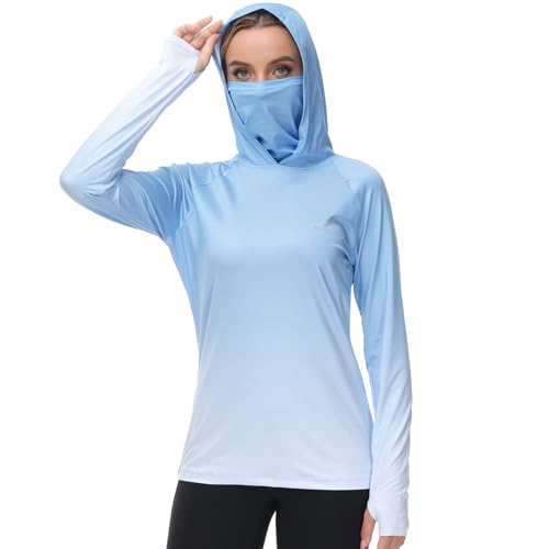 Women's Fishing Hoodie Shirt with Face Mask and Thumb Holes - UPF 50+ Sky Blue Spot Gradient - Medium