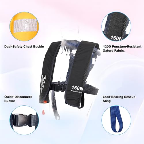Inflatable Life Jacket for Adults - Lightweight Auto-Inflatable PFD, Black - Supports Up to 300 lbs