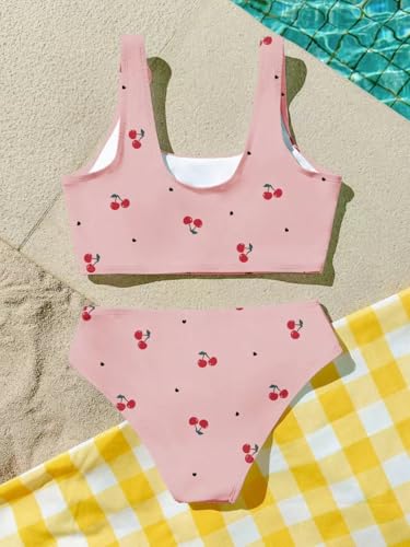 Girls Cherry Print Bikini Set 11 Years Pink Summer Swimsuit Two Piece Beach Outfit