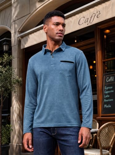 Lexiart Men's Classic Polo Shirt Cotton Button Collar with Pocket - Large Dark Blue
