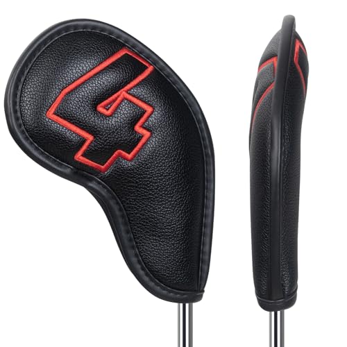 Craftsman Golf 10pcs Red No. Iron Headcover Set with Magnetic Closure - Black Leather