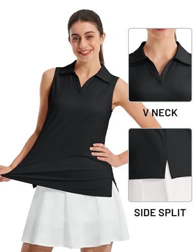 Small Women's Golf Shirt Sleeveless UPF 50+ Polo Collared Tennis Top V Neck Athletic Tank - Black