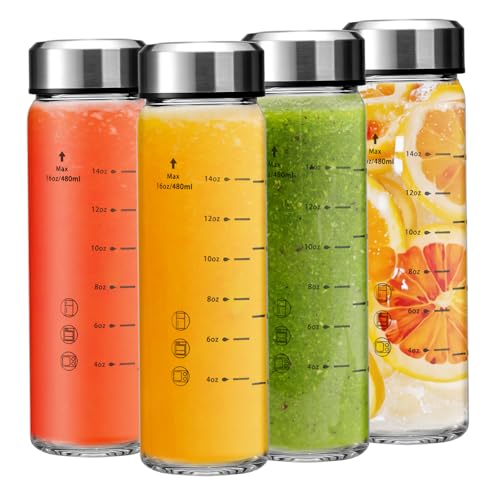 Clear 16oz Glass Juice Bottles - Pack of 4 with Stainless Steel Lids, BPA-Free