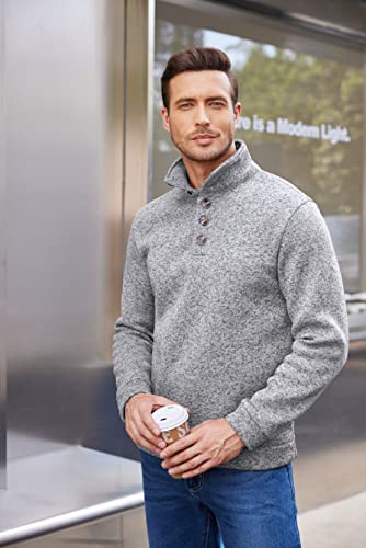 Men's Casual Fleece Sweater with Quarter Button - Large Grey Knit Thermal Pullover