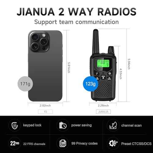 Walkie Talkies for Adults Long Range, Rechargeable Walkie Talkie 22 FRS Channels Two Way Radios with Noise Reduction, Volume Adjustment, LED Flashlight,1200mAh Rechargeable Battery (2 Pack Black)