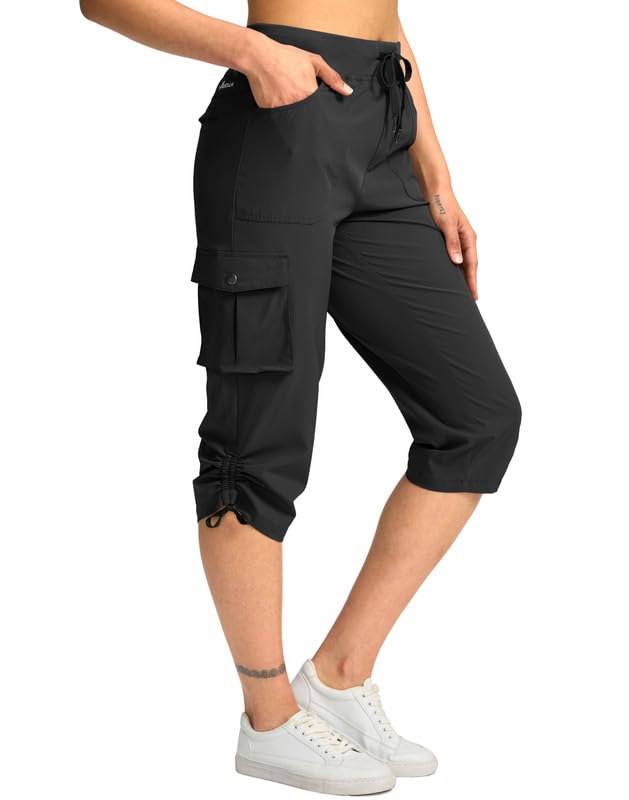 Large Black Women's Cargo Capri Pants with 5 Pockets - Hiking Travel Casual
