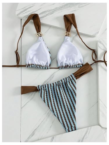 Women's Striped Triangle Cheeky Bikini Set - Small Multicolor