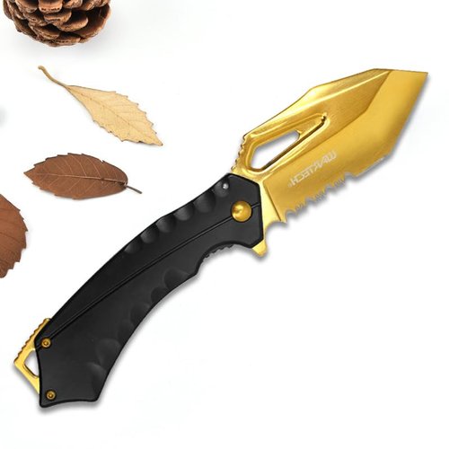 EDC Tactical Outdoor Knife - 4.5" Closed Assisted Open Pocket Folding Knife with Stainless Steel Handle - Made of 440 Stainless Steel, GOLD (PWT394BK)