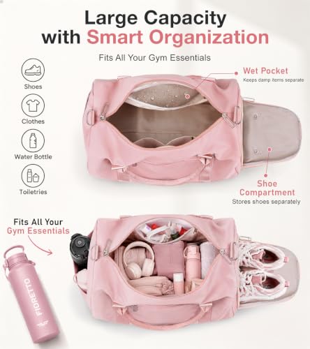 Women's Pink Gym Tote Duffle Bag with Wet Pocket & Shoe Compartment - Travel & Workout